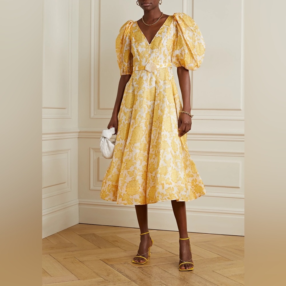 Zimmermann yellow postcard belted floral-print linen midi dress (sz 1 / US 6)